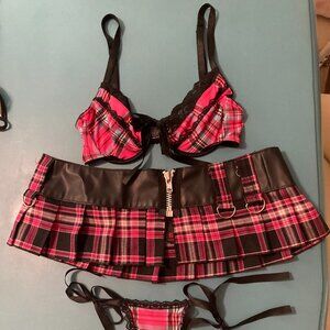Pink Tartan 3-Piece Sexy Schoolgirl Lingerie Outfit